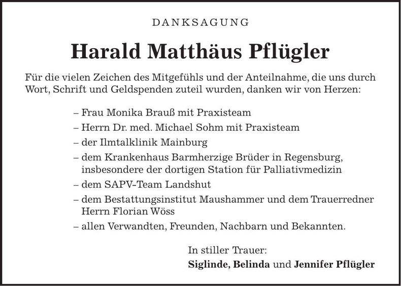 Traueranzeige Harald Matthäus Pflügler
