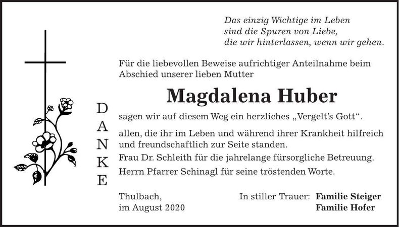 Traueranzeige Magdalena Huber