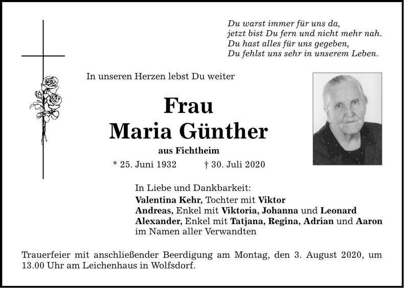 Traueranzeige Maria Günther