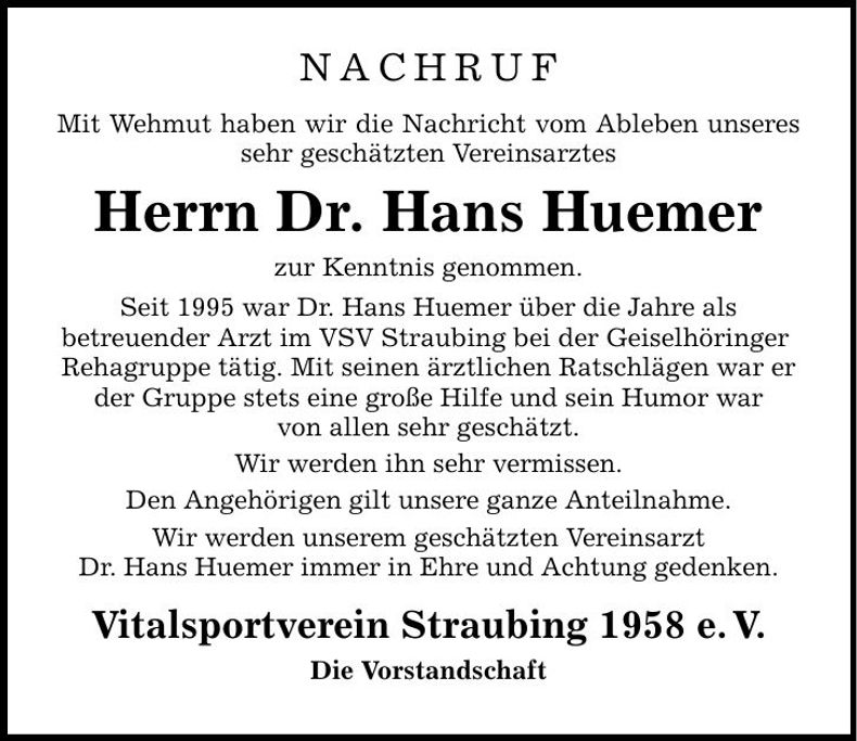 Traueranzeige Hans Huemer