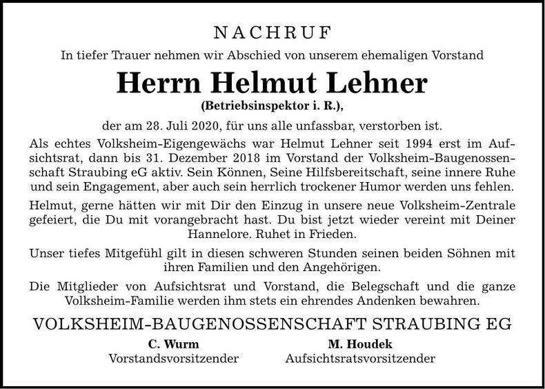 Traueranzeige Helmut Lehner