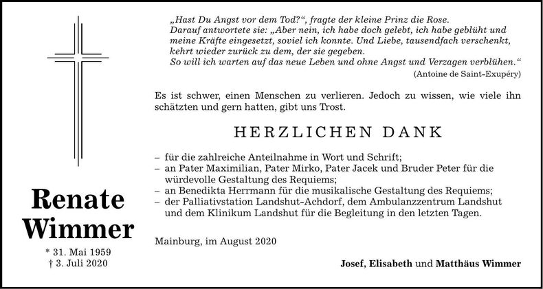 Traueranzeige Renate Wimmer