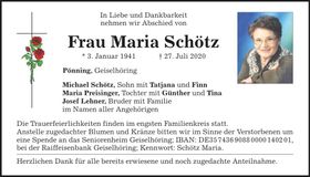 Traueranzeige Maria Schötz