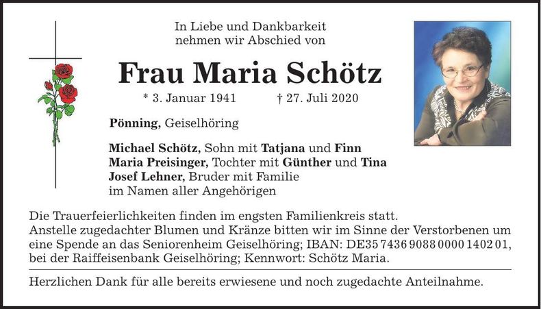 Traueranzeige Maria Schötz