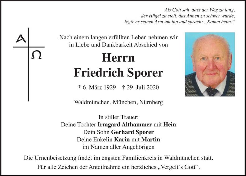 Traueranzeige Friedrich Sporer