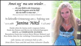 Traueranzeige Janina Hötzl