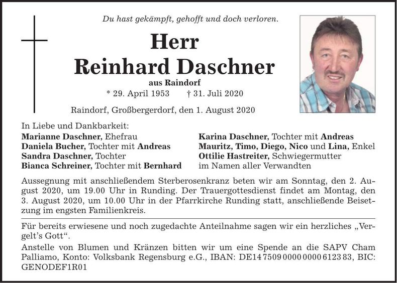 Traueranzeige Reinhard Daschner