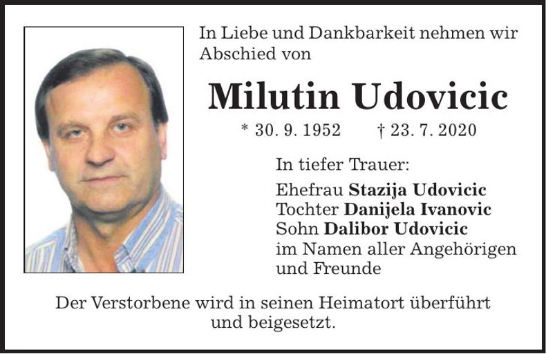 Traueranzeige Milutin Udovicic