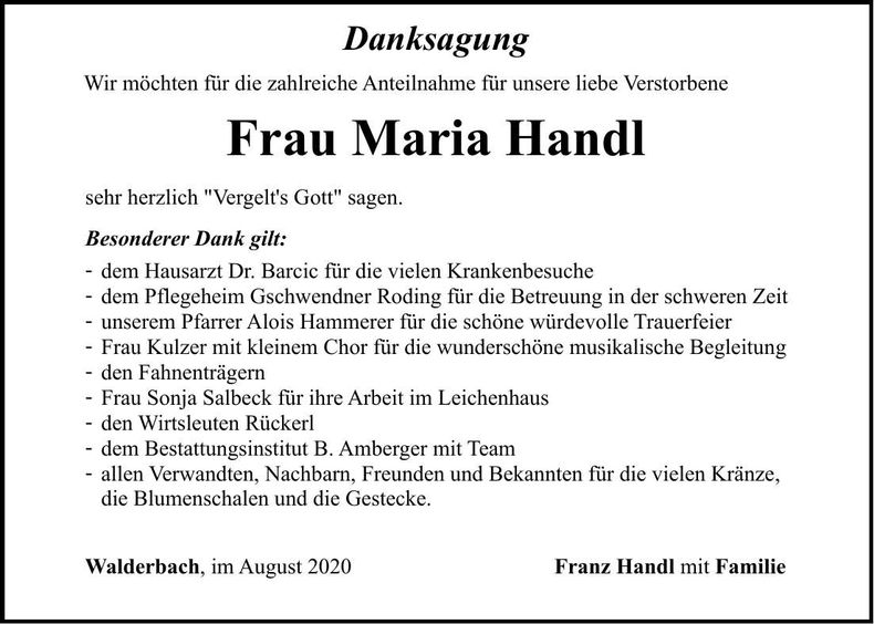Traueranzeige Maria Handl