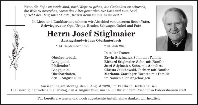 Traueranzeige Josef Stiglmaier