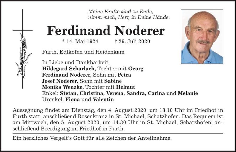 Traueranzeige Ferdinand Noderer