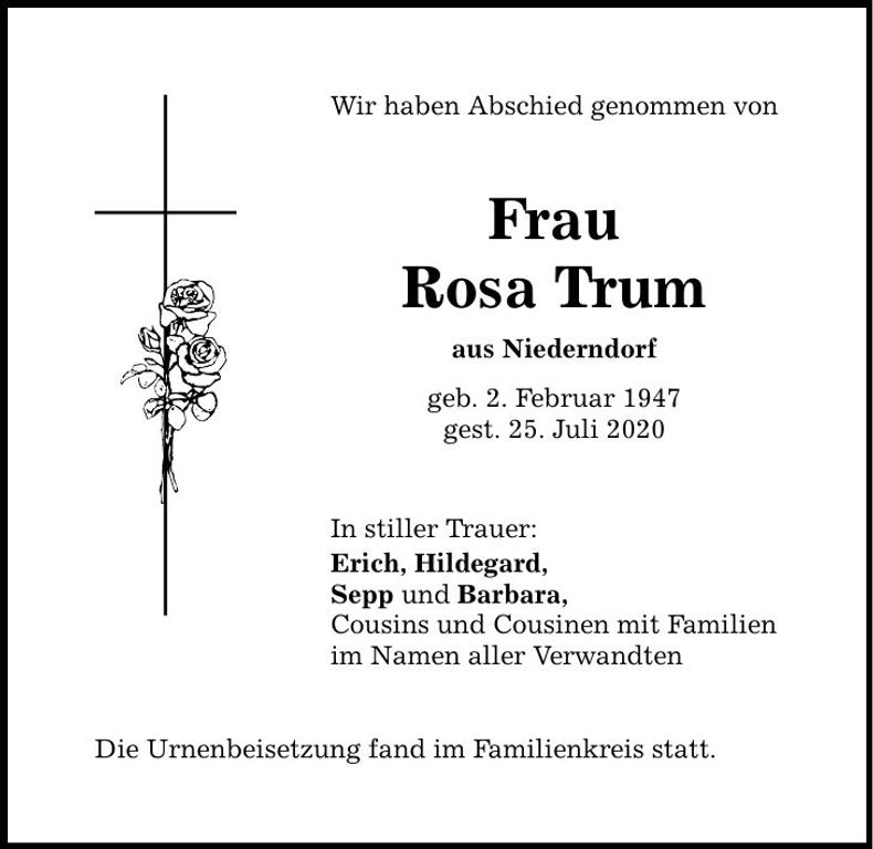 Traueranzeige Rosa Trum