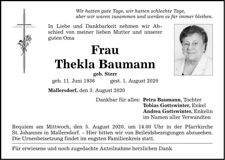 Traueranzeige Thekla Baumann
