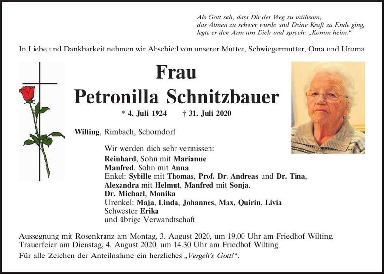 Traueranzeige Petronilla Schnitzbauer