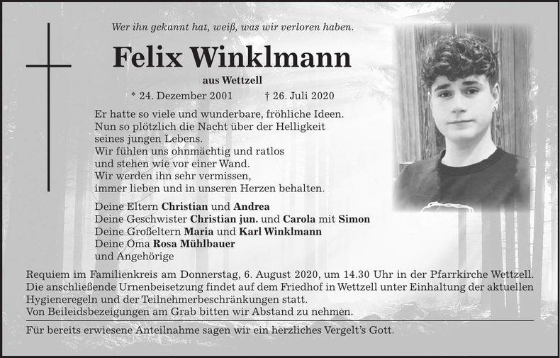 Traueranzeige Felix Winklmann