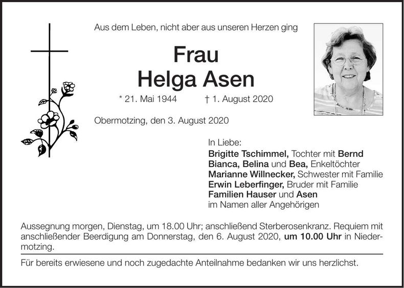 Traueranzeige Helga Asen