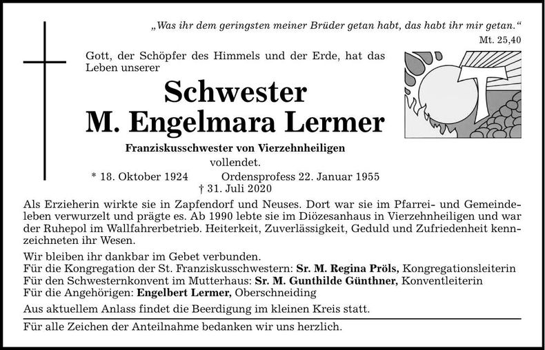 Traueranzeige Schwester M. Englmara Lermer