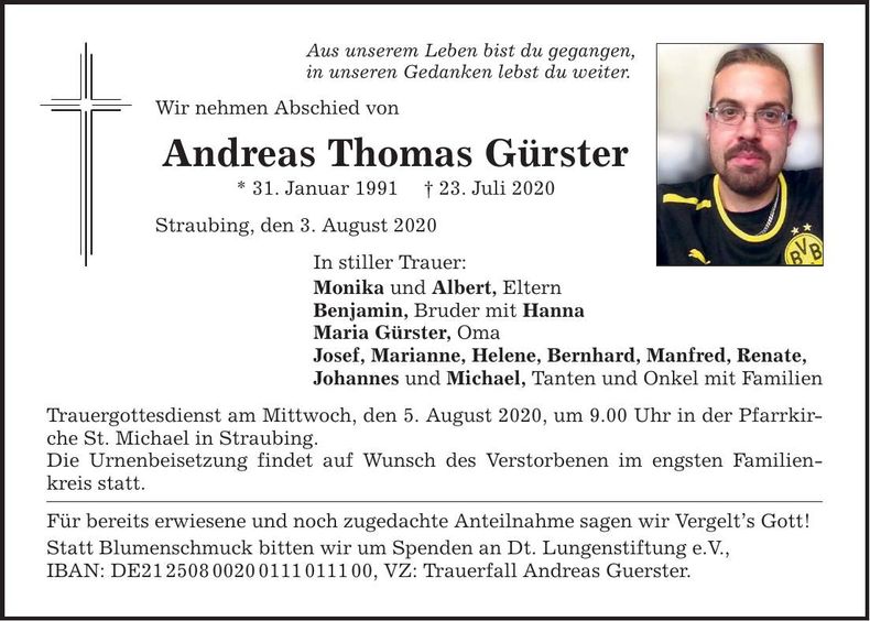Traueranzeige Andreas Thomas Gürster