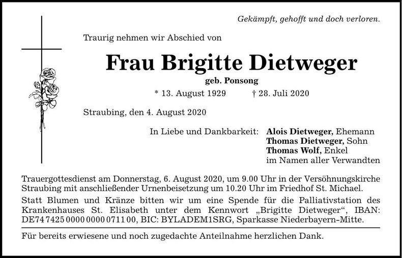 Traueranzeige Brigitte Dietweger