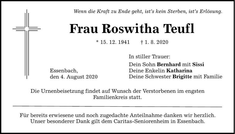 Traueranzeige Roswitha Teufl