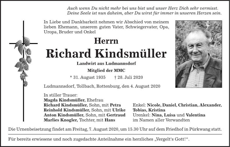 Traueranzeige Richard Kindsmüller
