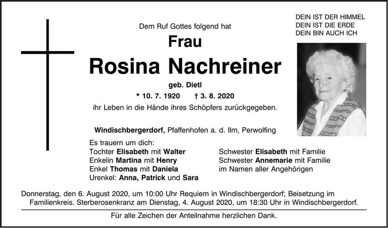 Traueranzeige Rosina Nachreiner