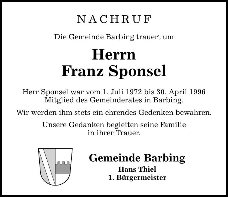 Traueranzeige Franz Sponsel