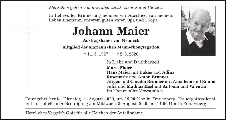 Traueranzeige Johann Maier