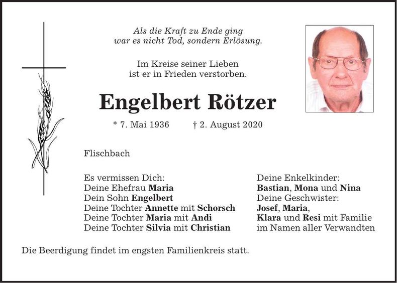 Traueranzeige Engelbert Rötzer