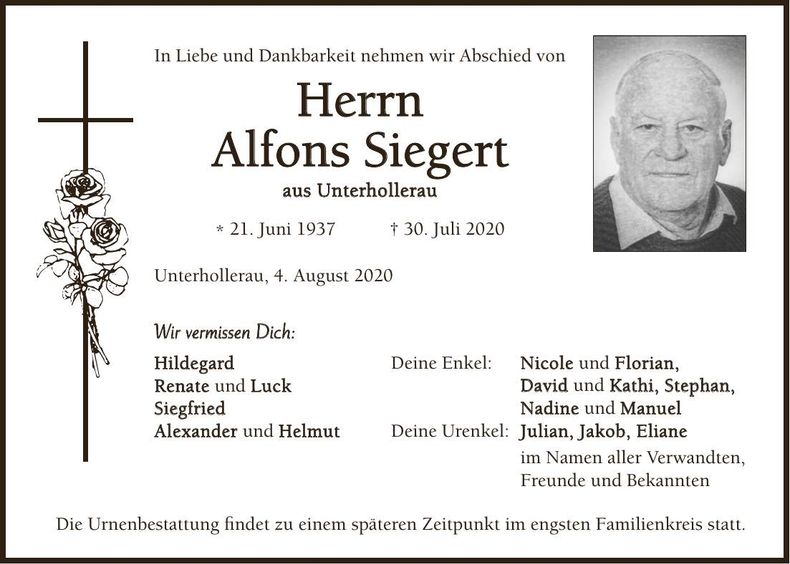 Traueranzeige Alfons Siegert