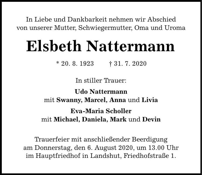 Traueranzeige Elsbeth Nattermann