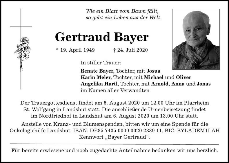 Traueranzeige Gertraud Bayer