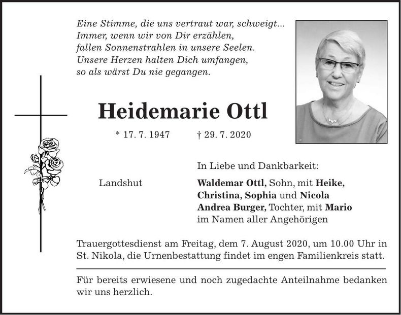 Traueranzeige Heidemarie Ottl