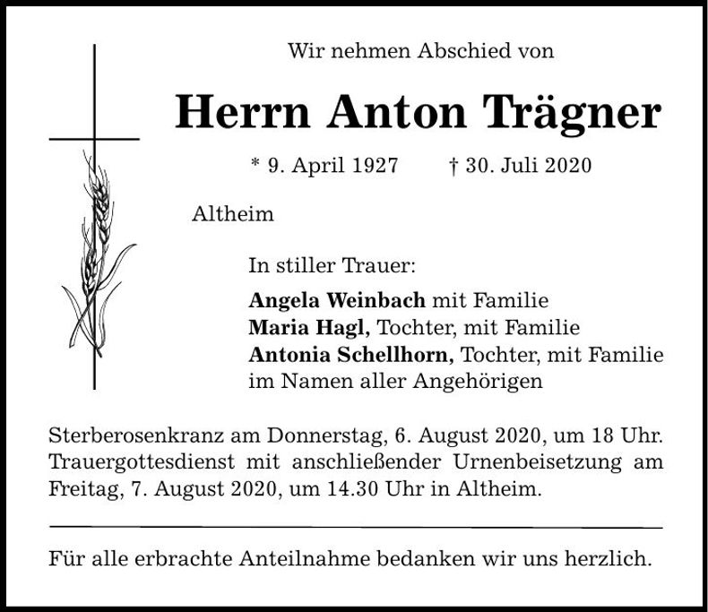 Traueranzeige Anton Trägner