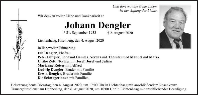 Traueranzeige Johann Dengler