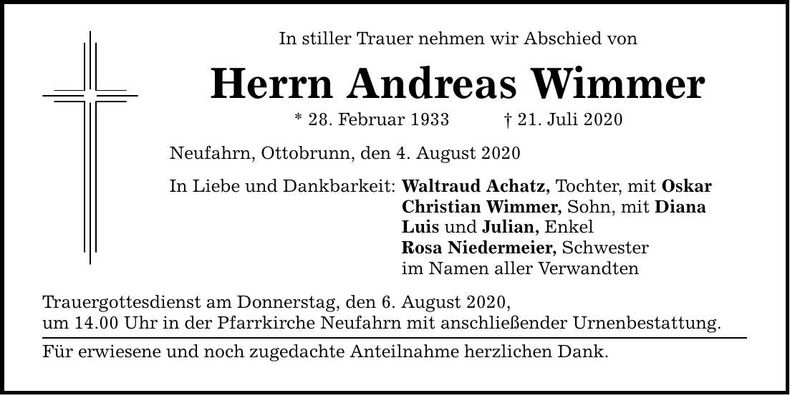 Traueranzeige Andreas Wimmer