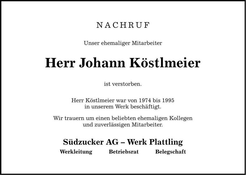 Traueranzeige Johann Köstlmeier