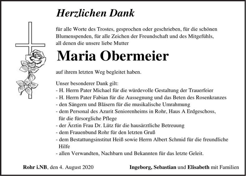 Traueranzeige Maria Obermeier