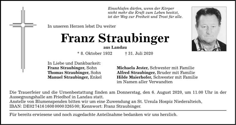 Traueranzeige Franz Straubinger