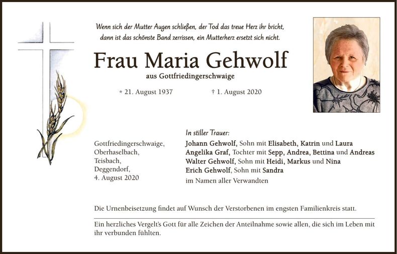 Traueranzeige Maria Gehwolf