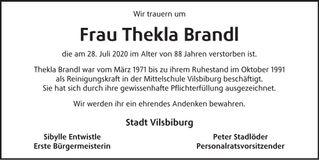 Traueranzeige Thekla Brandl