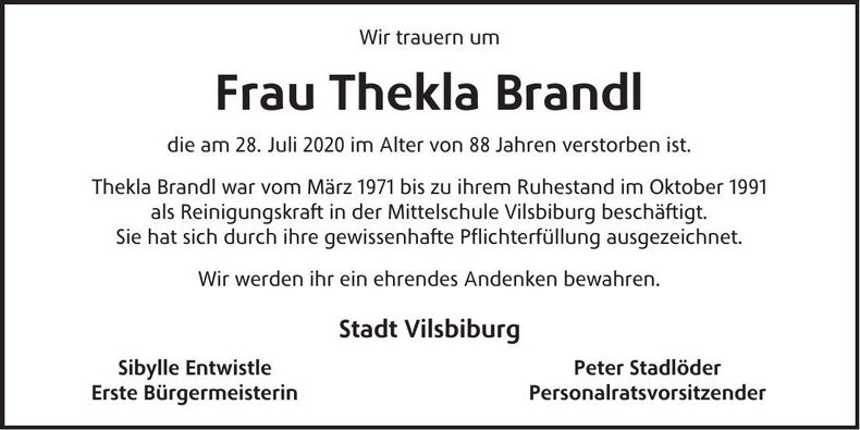 Traueranzeige Thekla Brandl