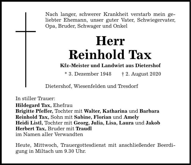 Traueranzeige Reinhold Tax