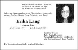 Traueranzeige Erika Lang