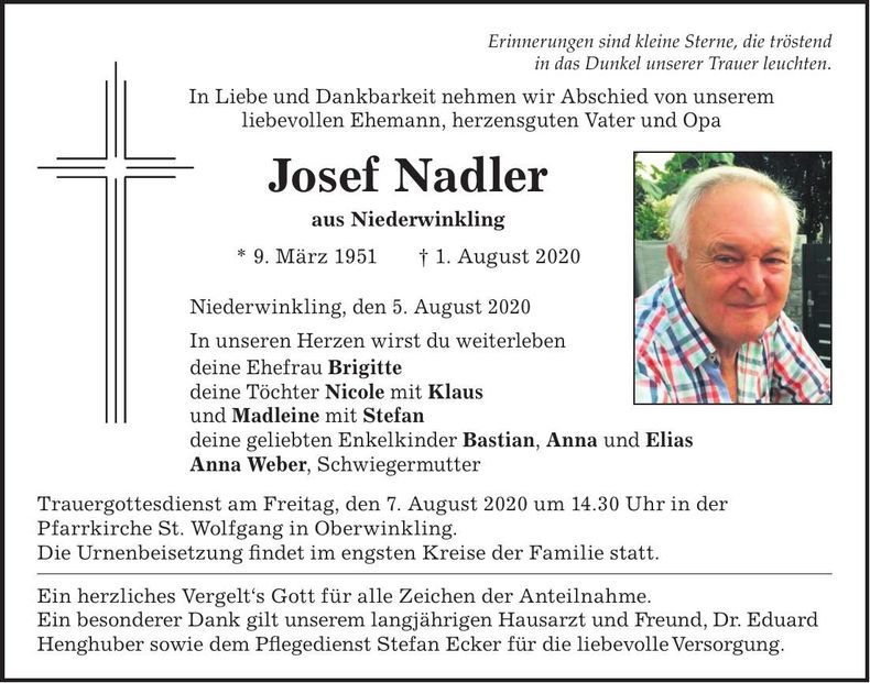 Traueranzeige Josef Nadler