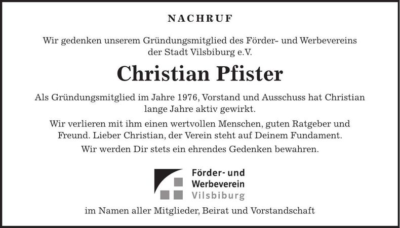 Traueranzeige Christian Pfister