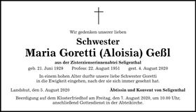 Traueranzeige Maria Goretti (Aloisia) Geßl