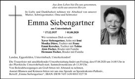 Traueranzeige Emma Siebengartner