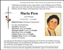 Traueranzeige Maria Preu