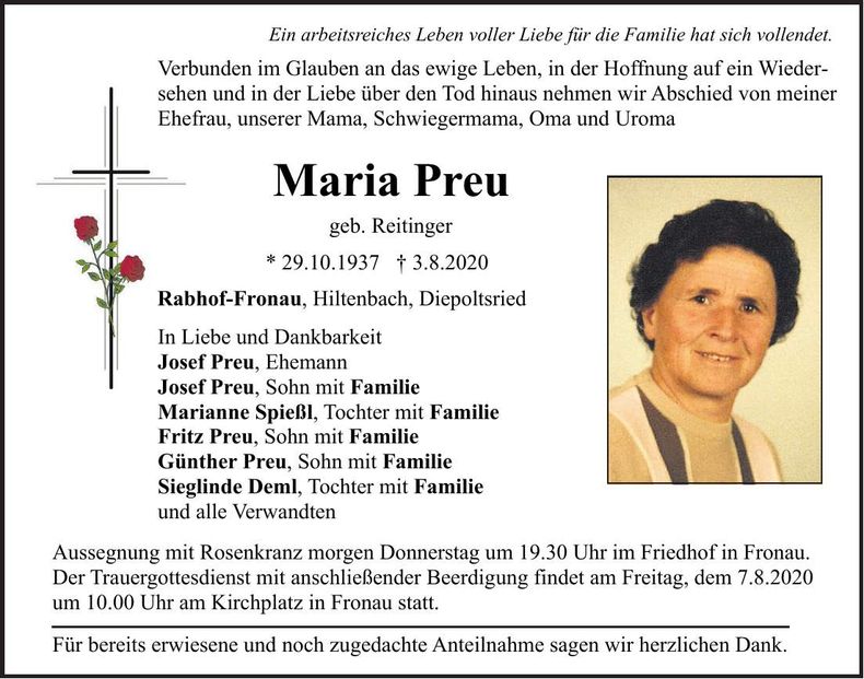 Traueranzeige Maria Preu